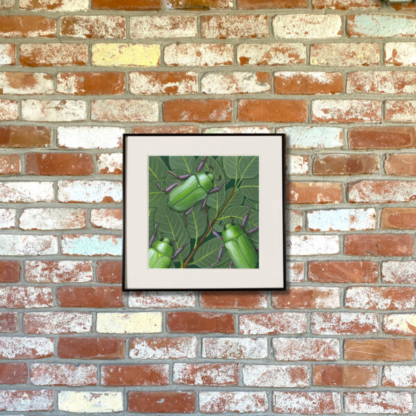 Beyer's Scarab and Mexican Blue Oak Giclée Fine Art Print featuring bright green beetles on top of greenery shown matted in a frame