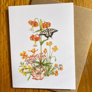 California Wildflowers in Orange Notecard featuring a composition of different orange wildflowers and a white and black butterfly