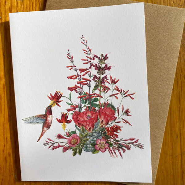 California Wildflowers in Red Notecard featuring a red bird pollinating various red wildflowers