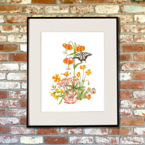 California Wildflowers in Orange Giclée Fine Art Print featuring multiple orange wildflowers and a white and black buttefly shown matted in frame
