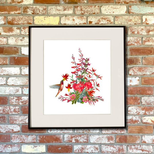 California Wildflowers in Red Giclée Fine Art Print featuring a collage of red wildflowers and a red bird shown matted in a frame