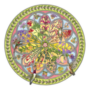 Floral Compass Fine Art Painting, an intricate, circular, stained-glass-influenced painting depicting many wildflowers appearing in a mandala-like pattern surrounded by different pollinating birds
