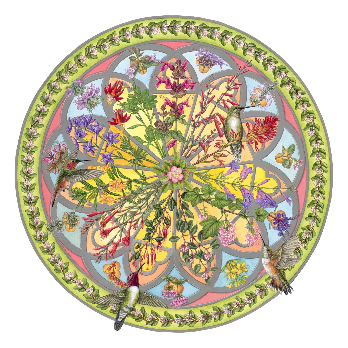 Floral Compass Fine Art Painting, an intricate, circular, stained-glass-influenced painting depicting many wildflowers appearing in a mandala-like pattern surrounded by different pollinating birds