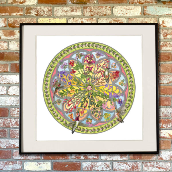 Floral Compass Fine Art Painting, an intricate, circular, stained-glass-influenced painting depicting many wildflowers appearing in a mandala-like pattern surrounded by different pollinating birds shown matted in a frame