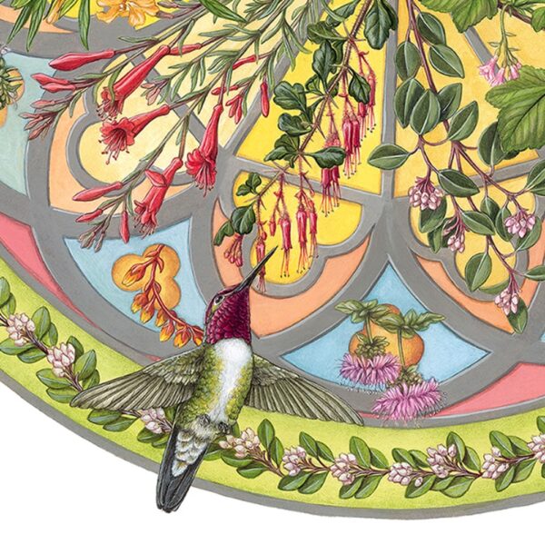 Zoomed in shot of Floral Compass Fine Art Painting, an intricate, circular, stained-glass-influenced painting depicting many wildflowers appearing in a mandala-like pattern surrounded by different pollinating birds