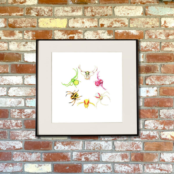 Flower Spiders Giclée Fine Art Print featuring six vibrantly colored spiders of North America shown matted in a frame