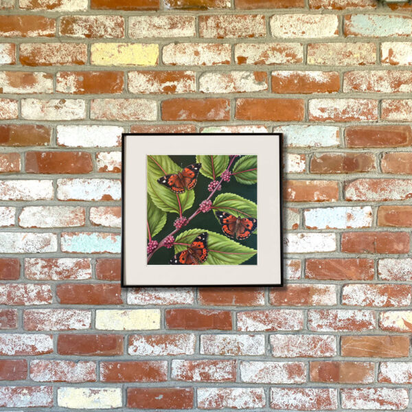 Kamehameha Butterfly and Māmaki Giclée Fine Art Print featuring orange and black butterflies resting on greenery with pink berries shown matted in a frame