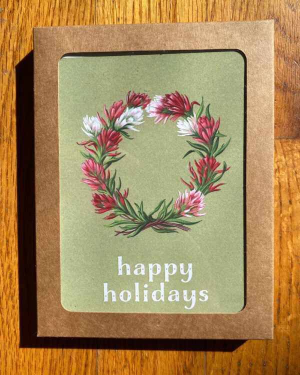Indian Paintbrush Wildflower Wreath Holiday Card with text "Happy Holidays"
