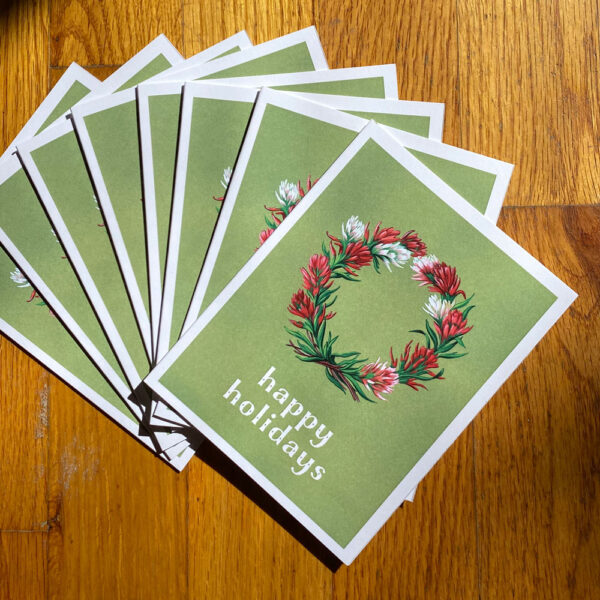 Indian Paintbrush Wildflower Wreath Holiday Card with text "Happy Holidays"