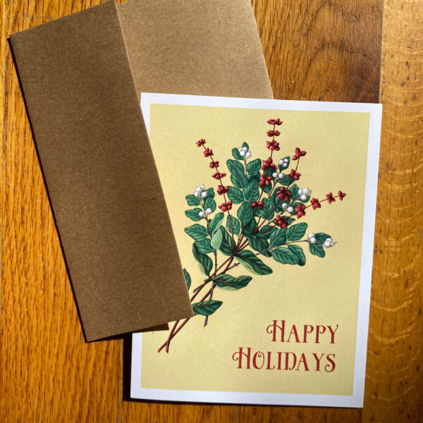 Snowberry and Honeysuckle Holiday Card, with text "Happy Holidays"