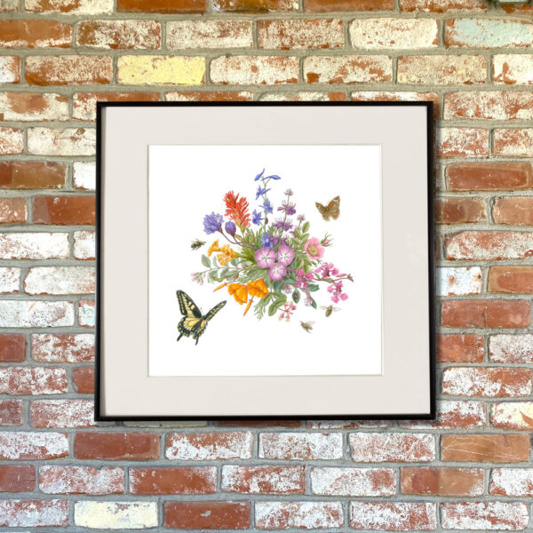 Upper Bidwell Wildflowers (for Desi) Giclée Fine Art Print featuring a central burst of flowering plants in orange, pink, red and purple. Around the plants fly a yellow and brown butterfly, along with several bees shown matted in a frame
