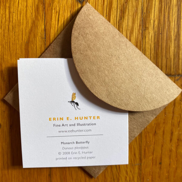 Back of Monarch Butterfly Gift Enclosure Notecard with Erin E Hunter logo and scientific name of featured species