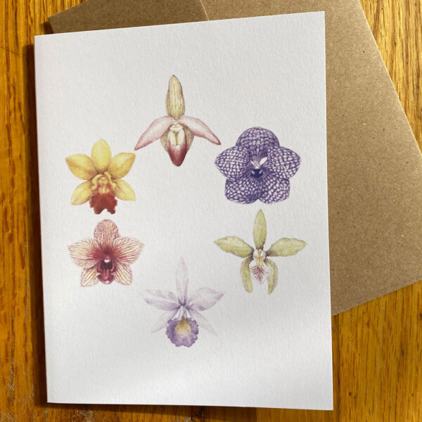 Orchids Notecard is one card with six different orchids making a circle