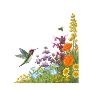 Wildflowers for Hana and Cooper Giclée Fine Art Print featuring a green and pink bird flying near an environment of many colored wildflowers in pink, blue, yellow, purple