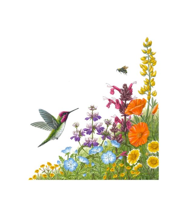 Wildflowers for Hana and Cooper Giclée Fine Art Print featuring a green and pink bird flying near an environment of many colored wildflowers in pink, blue, yellow, purple