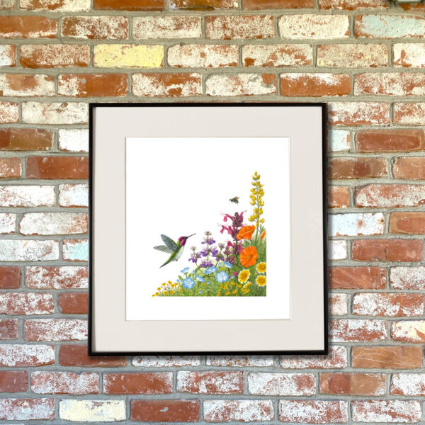 Wildflowers for Hana and Cooper Giclée Fine Art Print featuring a green and pink bird flying near an environment of many colored wildflowers in pink, blue, yellow, purple shown matted in a frame