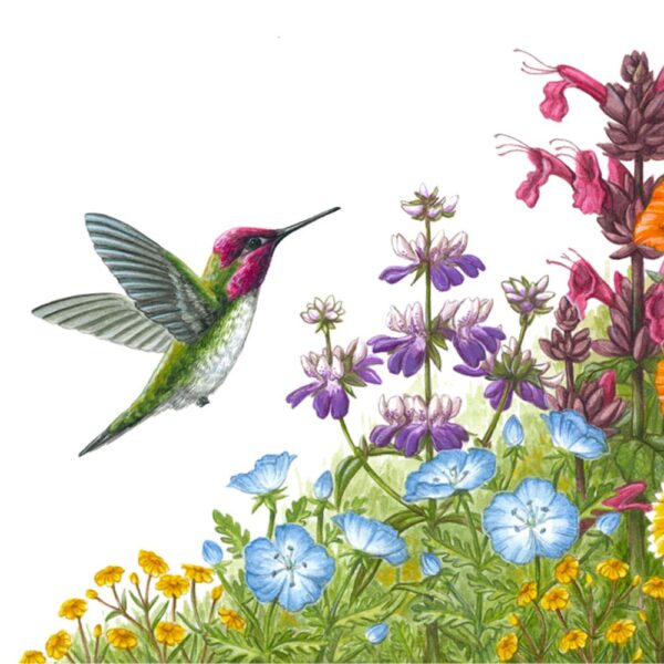 Zoomed in shot of Wildflowers for Hana and Cooper Giclée Fine Art Print featuring a green and pink bird flying near an environment of many colored wildflowers in pink, blue, yellow, purple