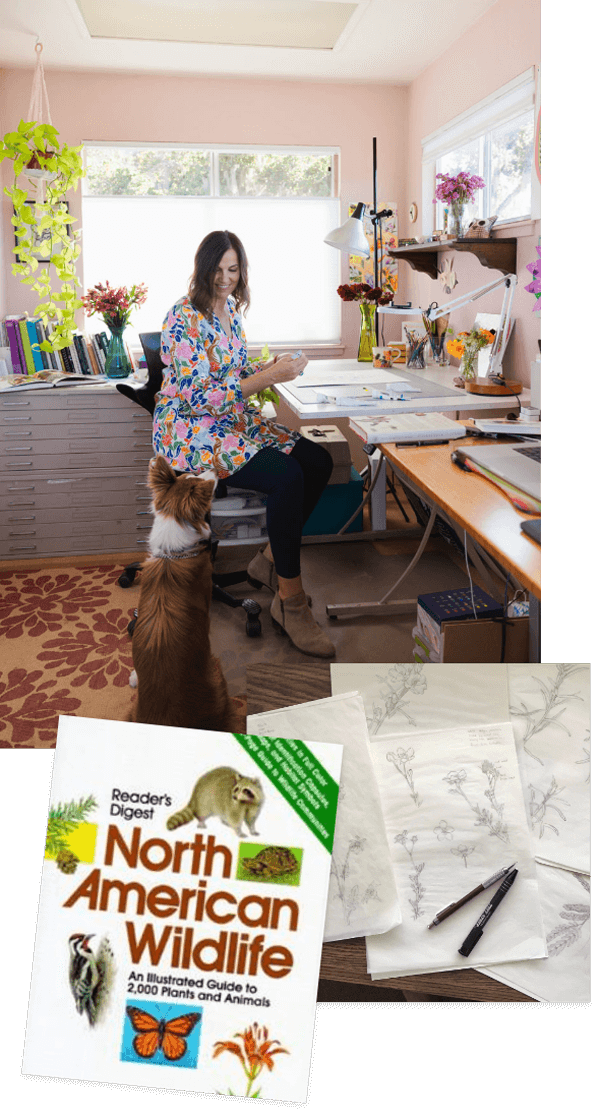 Erin Hunter, biological illustrator, works in her office with her dog keeping her company